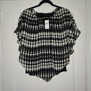 Time Line Black Ivory Blouse Petite Small Womens Abstract Career Y2K Top